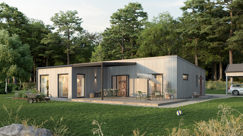 Visualisering av ett modernt 1-planshus, husmodellen Ölmanäs,  i lösvirke från Varbergshus